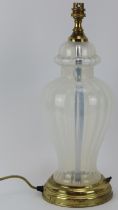 A vintage brass and opalescent vaseline glass table lamp, mid/late 20th century. Of meiping vase
