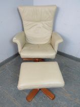 A contemporary reclining and swivel lounge chair in the manner of Blofeld, upholstered in cream