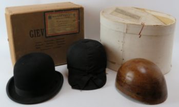 Two vintage horse riding hats and a vintage bowler hat. Riding hats by Scott & Co, bowler hat by