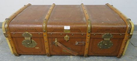 An early 20th century Swiss bentwood, brass and leather mounted steamer trunk by E. Letsche,