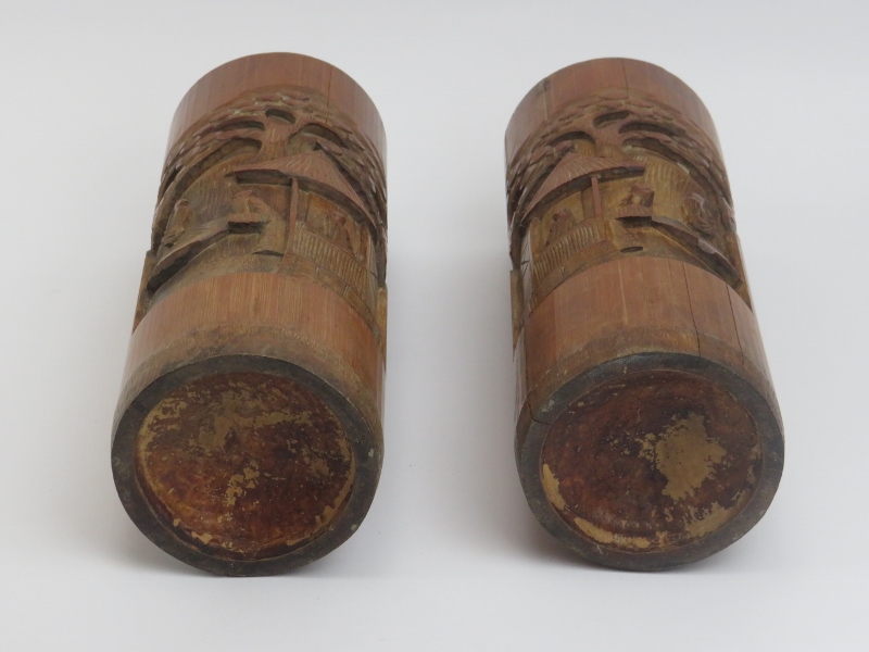 Two Chinese carved bamboo brush pots, 20th century. Depicting figures in a pavilion setting with - Image 2 of 2