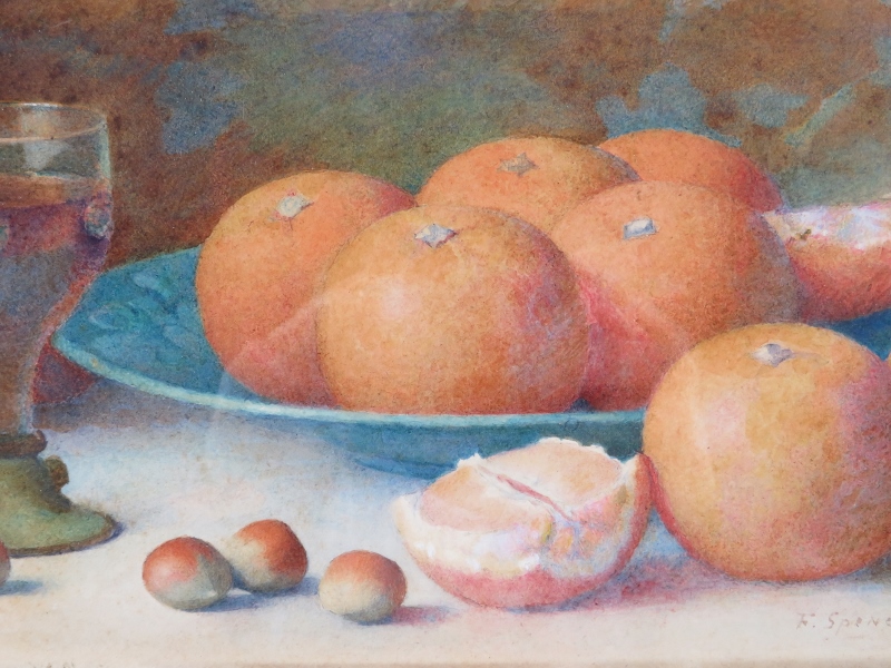 Fred Spencer (Act. c1900-1904) - An ornate framed & glazed watercolour, 'Still life of oranges in - Image 2 of 3