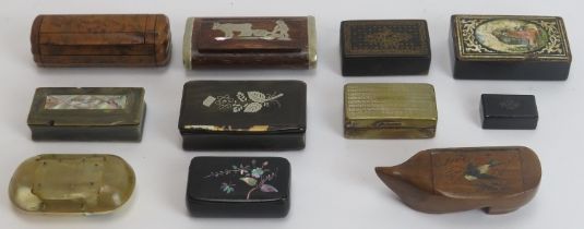 Eleven antique snuff boxes, 19th century. (11 items) 9.2 cm longest length. Condition report: