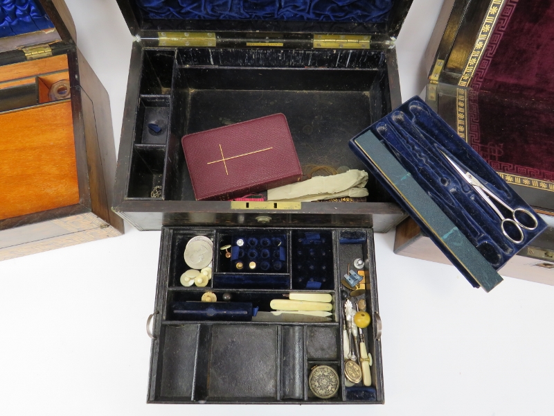 Three Victorian wooden writing boxes. Some miscellaneous contents included as illustrated. (3 items) - Image 3 of 3