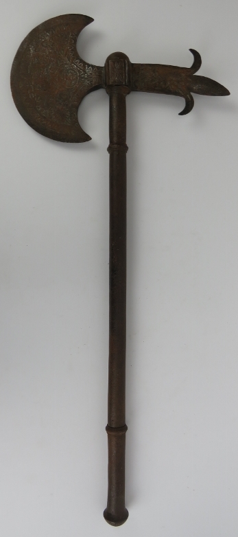 An unusual Indian steel axe with concealed blade, 19th century. The axe head of crescent form - Image 2 of 7