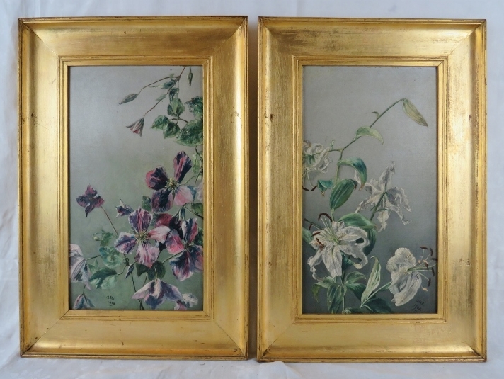 British School - A pair of framed oil on board early 20th century 'study of flowers', signed mono