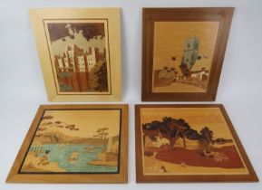 Four marquetry inlaid wooden wall plaques, 20th century. Depicting a British castle, church, rural