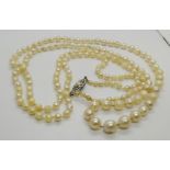 A cultured pearl sautoir necklace, the graduated pearl from 3-3.5mm to 7.5-8mm, 100cm long, with