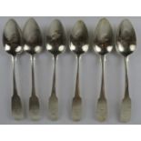 Set of six fiddle pattern Irish silver dessert spoons, each engraved with a swan and arrow crest.