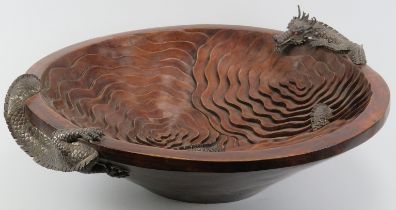 A large Chinese carved teak wood and white metal dragon centrepiece bowl, late 20th/early 21st