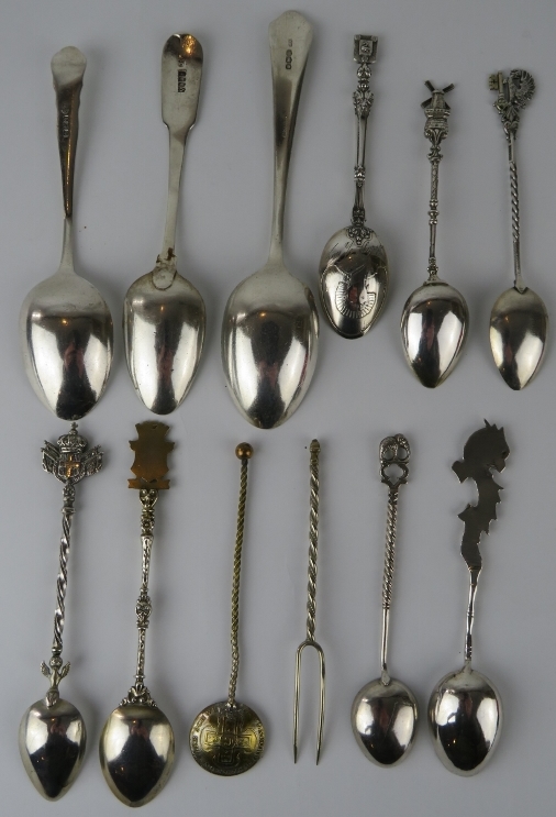 11 mixed silver and white metal teaspoons and a fork, including three fully hallmarked, three with - Image 2 of 2