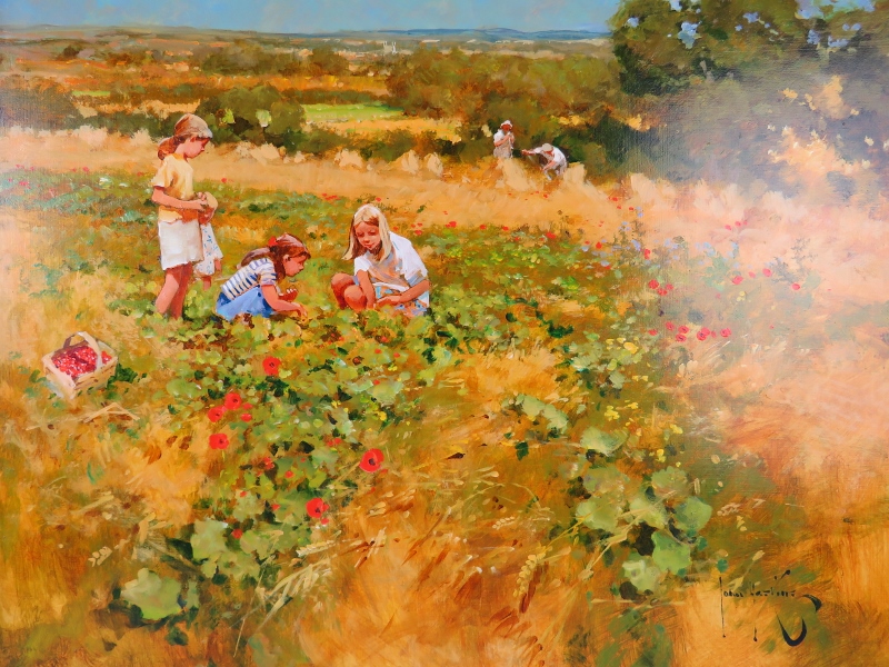 John Haskin, b. 1938 - A framed oil on board, 'children in a poppy field with farmers collecting hay - Image 2 of 4