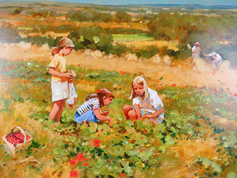 John Haskin, b. 1938 - A framed oil on board, 'children in a poppy field with farmers collecting hay - Image 3 of 4