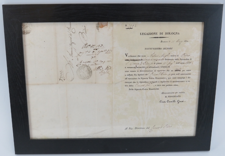 A ‘Legazione Di Bologna’ letter, early 19th century. With crossed keys and mitre seal. Framed/