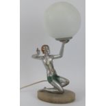 An Art Deco painted metal dancing female figure table lamp, circa 1920s/30s. With a spherical