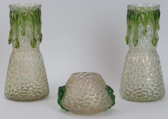 Three Loetz style iridescent vases. (3 items) 16.2 cm height, 6 cm height. Condition report: Some