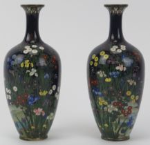 A pair of Japanese cloisonné enamelled vases, late Meiji/Taisho period. (2 items) 15.4 cm height.