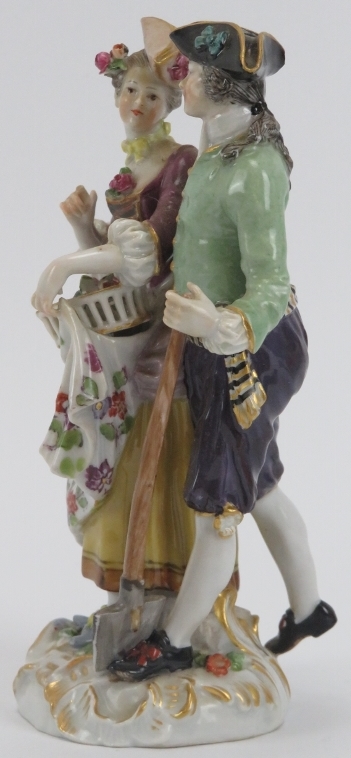 A Meissen porcelain gardener and female companion figural group, 19th century. Incised 37, impressed - Image 3 of 5