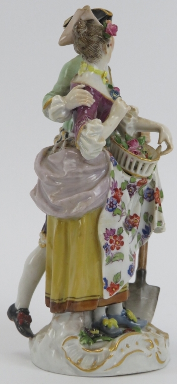 A Meissen porcelain gardener and female companion figural group, 19th century. Incised 37, impressed - Image 4 of 5