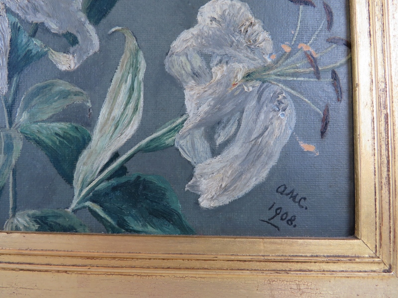 British School - A pair of framed oil on board early 20th century 'study of flowers', signed mono - Image 4 of 4