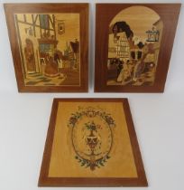 Three marquetry inlaid wooden wall plaques, 20th century. Depicting two figural village scenes and a