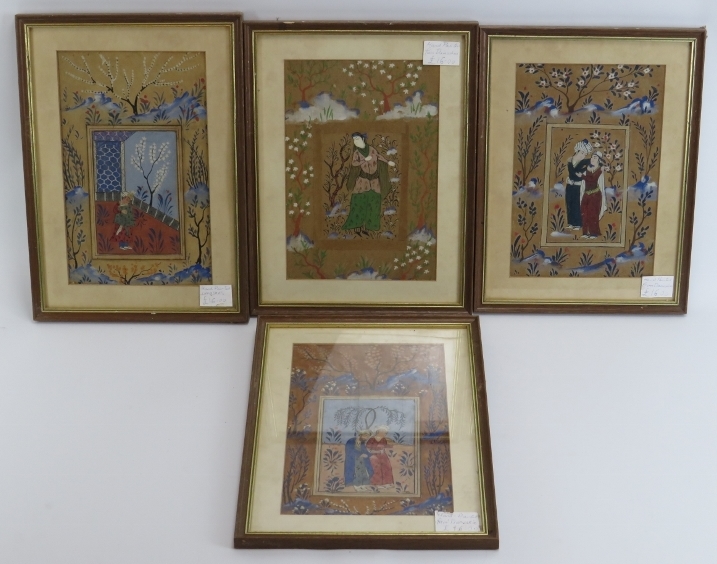 Four Syrian figural garden scenes, 20th century. Purported to be from Damascus. Framed and glazed.