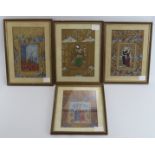 Four Syrian figural garden scenes, 20th century. Purported to be from Damascus. Framed and glazed.