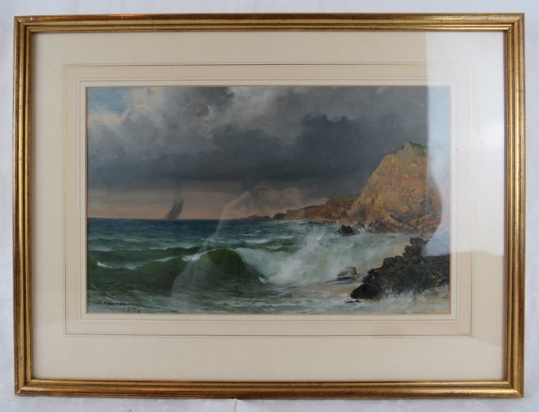 W C Sanders (19th century, British) - A framed & glazed watercolour, 'Ship off the coast with