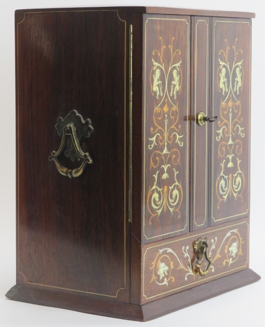 Tobacconalia: An Edwardian rosewood and marquetry inlaid smokers cabinet. Decorated with cherubs, - Image 4 of 8