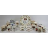 A collection of Royal Commemorative Coronation printed ceramic cups, mugs, saucers and silver plated