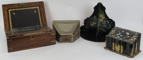 An Anglo-Indian letter box, an English writing box, a papier mache mother of pearl inlaid box and