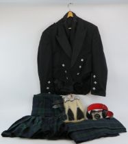 A Scottish wool jacket, kilt, plaid, horse hair sporran and belt, late 20th century. (5 items).