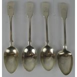 Four 19th century silver fiddle pattern tablespoons with engraved crests. Mixed hallmarks. Gross