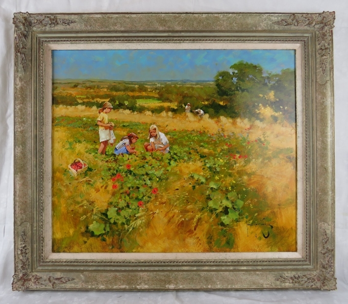 John Haskin, b. 1938 - A framed oil on board, 'children in a poppy field with farmers collecting hay