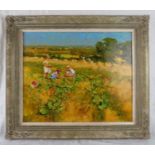 John Haskin, b. 1938 - A framed oil on board, 'children in a poppy field with farmers collecting hay