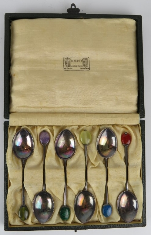 A boxed set of Liberty & Co silver coffee spoons with semi-precious gemstone terminals, hallmarked - Image 2 of 6