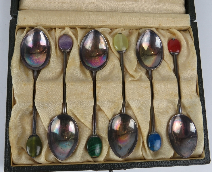 A boxed set of Liberty & Co silver coffee spoons with semi-precious gemstone terminals, hallmarked - Image 3 of 6