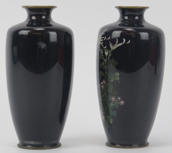 A pair of Japanese cloisonné enamelled vases, late Meiji/Taisho period. (2 items) 11.8 cm height. - Image 2 of 2