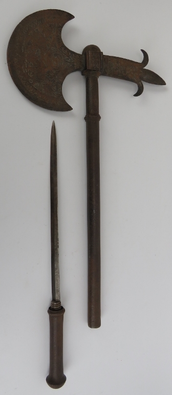 An unusual Indian steel axe with concealed blade, 19th century. The axe head of crescent form - Image 3 of 7