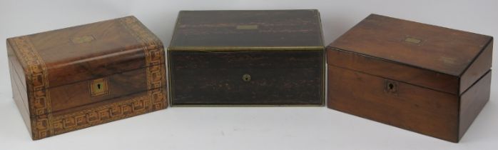 Three Victorian wooden writing boxes. Some miscellaneous contents included as illustrated. (3 items)