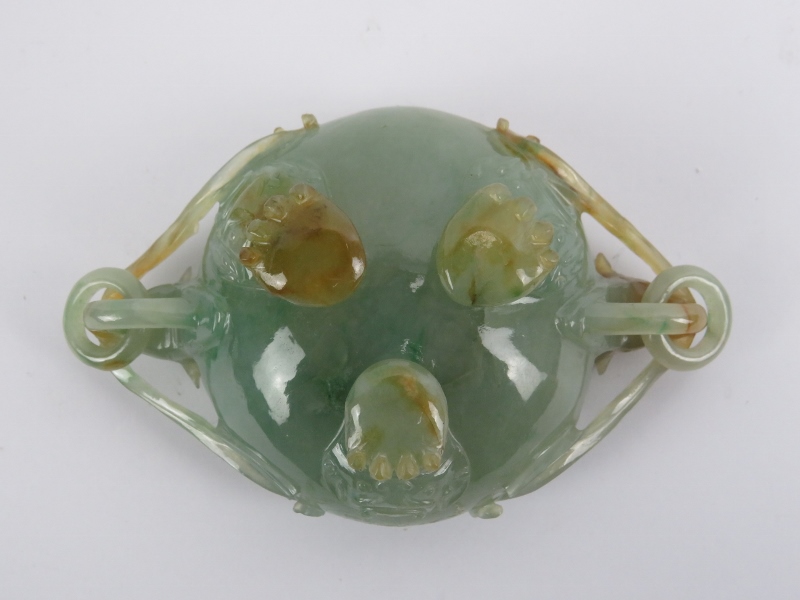 A Chinese carved jadeite tripod censer and cover, 20th century. Decorated with deer head ring - Image 2 of 4