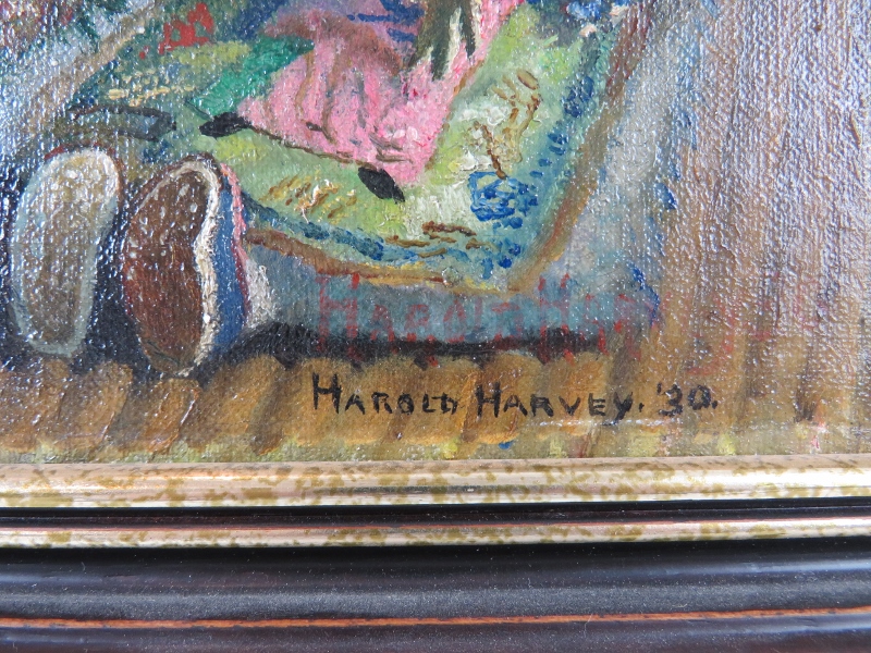 Harold Harvey - A later framed oil on canvas, study of 'Figures in a garden setting', signed - Image 3 of 3