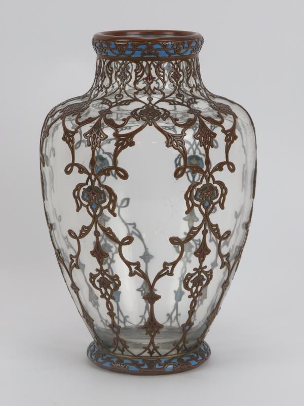 A rare French enamel and copper overlay glass vase, late 19th/early 20th century. initialled ’G.