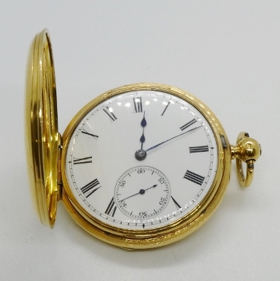 A Victorian 18ct gold half hunter c.1865, key wind, white dial black Roman Numerals and outer minute