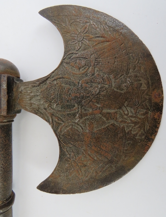 An unusual Indian steel axe with concealed blade, 19th century. The axe head of crescent form - Image 5 of 7