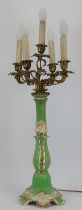 A large gilt bronze and porcelain five branch candelabra, early 20th century. 85.5 cm total height