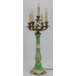A large gilt bronze and porcelain five branch candelabra, early 20th century. 85.5 cm total height