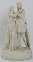A large English parian ware figural group depicting Lancelot and Guinevere of Arthurian legend. 45.5