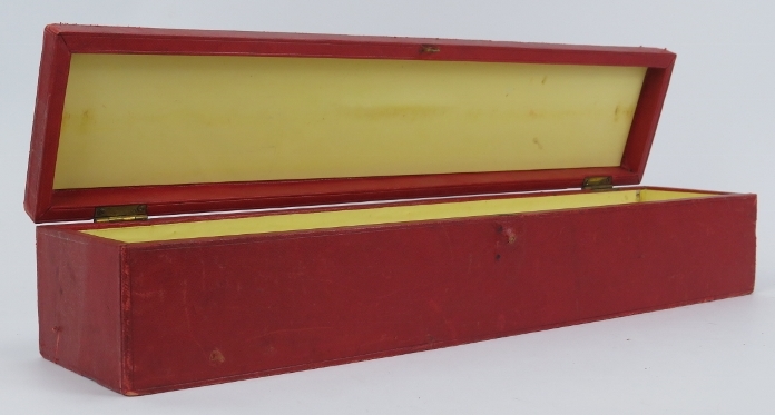 A George V red leather scroll box with gilt embossed royal cipher and crowns. 48.6 cm length. - Image 2 of 2