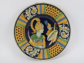 An Italian Deruta style maiolica charger, probably 19th century. Hand painted in the Renaissance